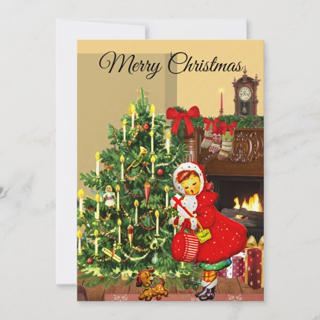 Vintage Christmas Tree and Girl Holiday Flat Card (Front)