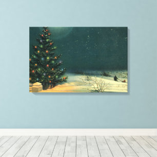 Vintage Christmas Tree at Night with Lights Canvas Print
