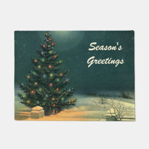 Vintage Christmas Tree at Night with Lights Doormat