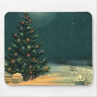 Vintage Christmas Tree at Night with Lights Mouse Pad
