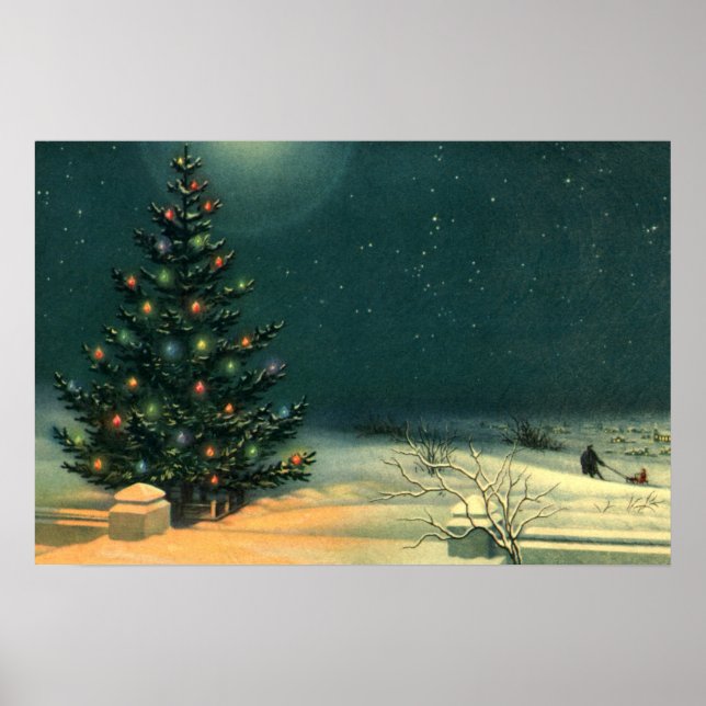 Vintage Christmas Tree at Night with Lights Poster (Front)