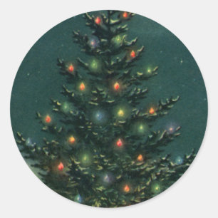 Vintage Christmas Tree at Night with Lights & Snow Classic Round Sticker