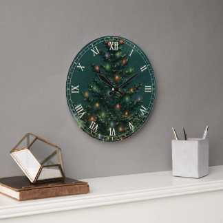 Vintage Christmas Tree at Night with Lights & Snow Large Clock