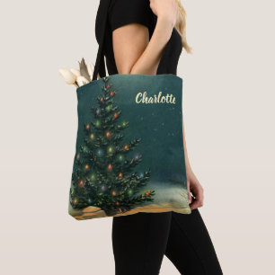 Vintage Christmas Tree at Night with Lights & Snow Tote Bag