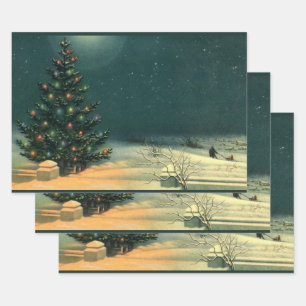 Vintage Christmas Tree at Night with Lights & Snow Wrapping Paper Sheet