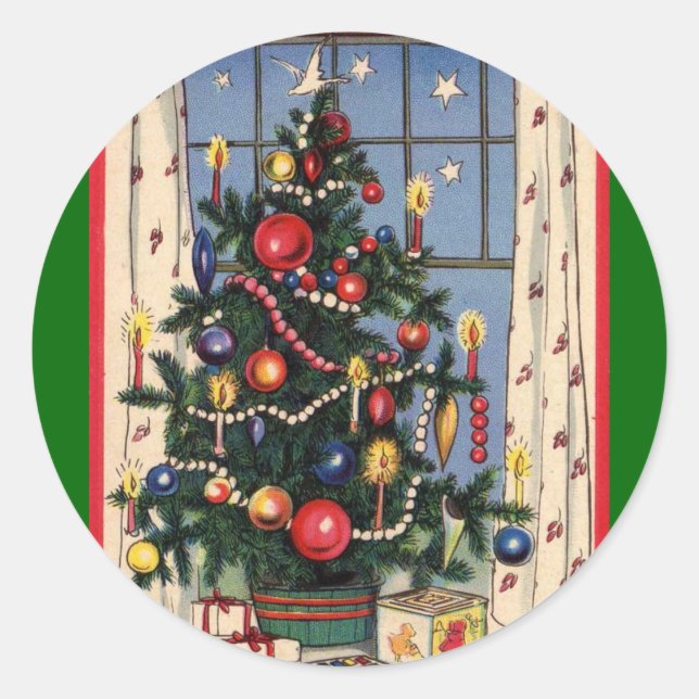 Vintage Christmas Tree Classic Round Sticker (Front)