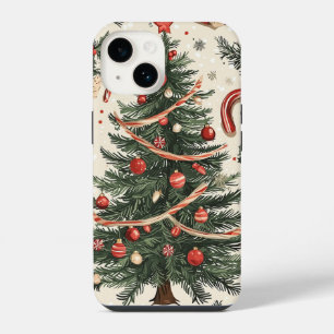 Vintage Christmas Tree Cream Red Green Toile iPhone 14 Case