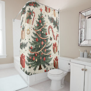 Vintage Christmas Tree Cream Red Green Toile Shower Curtain
