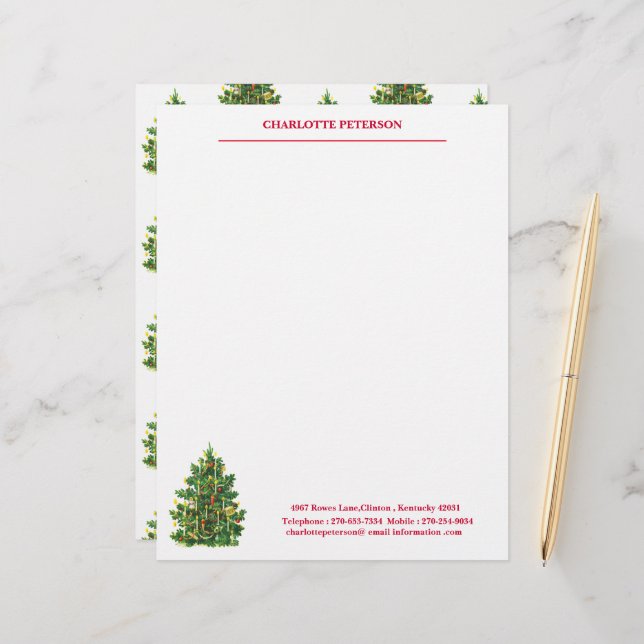 Vintage Christmas Tree Custom Name  Custom Letterhead (Front/Back In Situ)