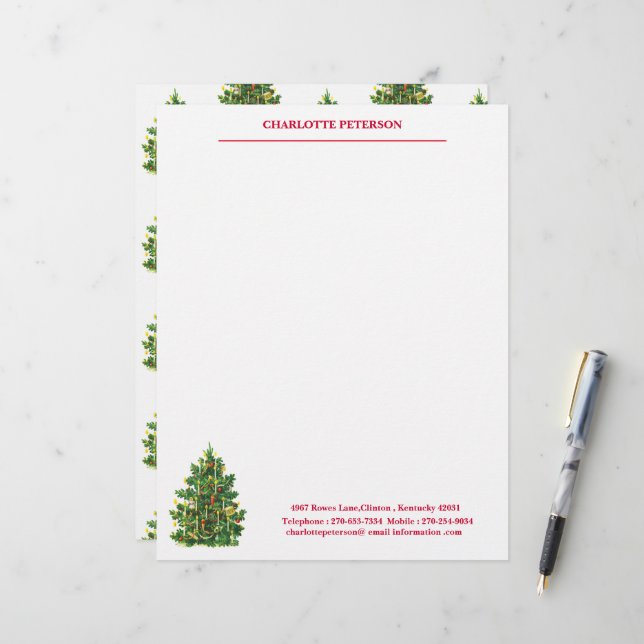 Vintage Christmas Tree Custom Name  Letterhead (Front/Back In Situ)