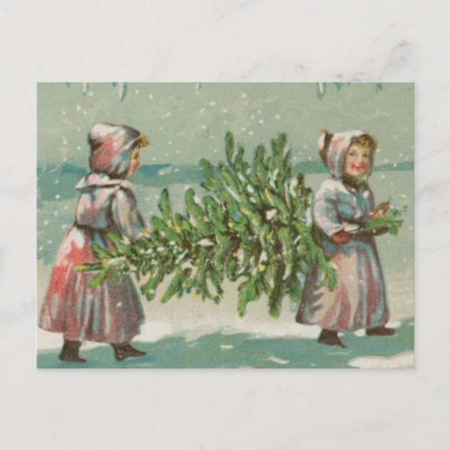 Vintage Christmas Tree cutting Holiday Postcard (Front)