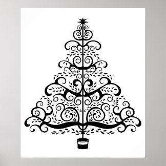 Vintage Christmas Tree Decorative Victorian Scroll Poster
