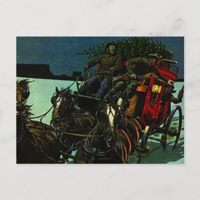 Vintage Christmas Tree delivery west stagecoach Holiday Postcard (Front)