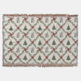 Vintage Christmas Tree Floral Garland Red Green Throw Blanket