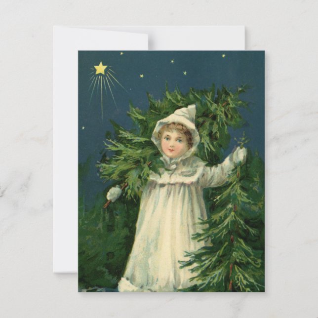 Vintage Christmas tree girl illustration card  (Front)