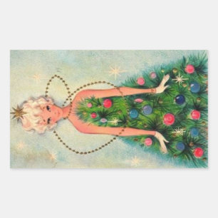Vintage Christmas Tree Girl Rectangular Sticker