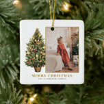 Vintage Christmas Tree Gold Merry Christmas Photo Ceramic Ornament<br><div class="desc">Merry Christmas | Add a festive accent to your Christmas tree with this customisable Christmas ornament. It features a watercolor Christmas tree with festive red and gold ornaments. Personalise by adding your own details. This vintage Christmas ornament is perfect as a personalised Christmas gift. Matching items are available.</div>