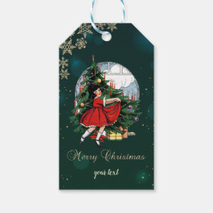 Vintage Christmas Tree,Little Girl Snowflakes Gift Tags