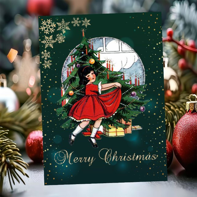 Vintage Christmas Tree,Little Girl Snowflakes   Holiday Card (Creator Uploaded)