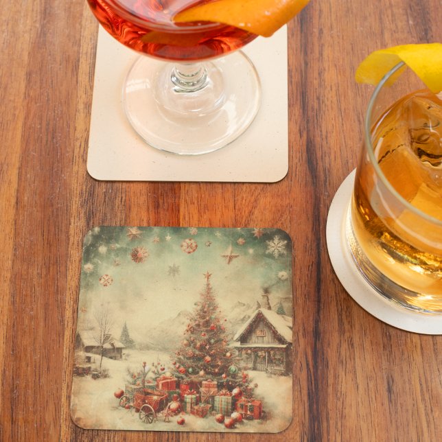 Vintage Christmas Tree Nostalgic Holiday Cabin Square Paper Coaster (Vintage Christmas tree Square Paper Coaster)