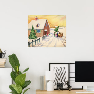 Vintage Christmas Tree on a Snowy Winter Road Poster