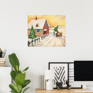 Vintage Christmas Tree on a Snowy Winter Road Poster