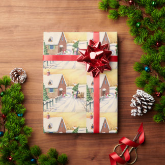 Vintage Christmas Tree on a Snowy Winter Road Wrapping Paper