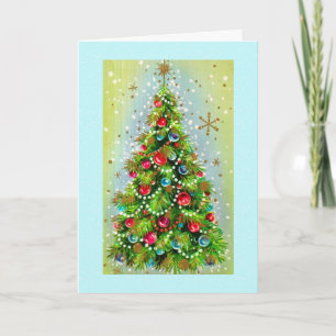 Vintage Christmas Tree on Aqua Photo Flash Bulb Ho Holiday Card