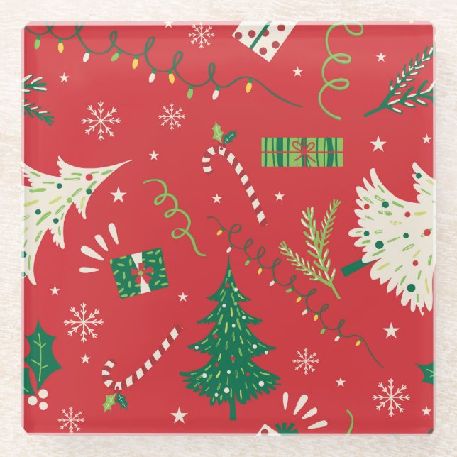 Vintage Christmas tree: ornamental design. Glass Coaster (Front)