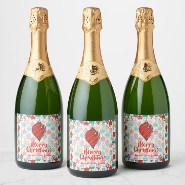 Vintage Christmas Tree Ornaments Sparkling Wine Label (Bottles)