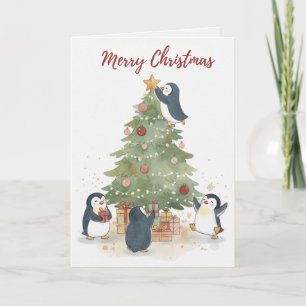 Vintage Christmas Tree Penguins Card