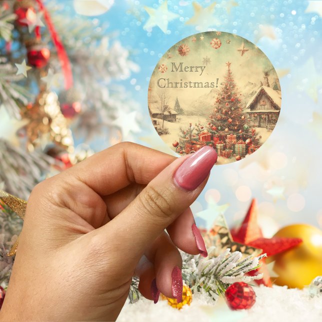 Vintage Christmas tree personalized  Classic Round Sticker (Vintage Christmas tree personalized Classic Round Sticker)