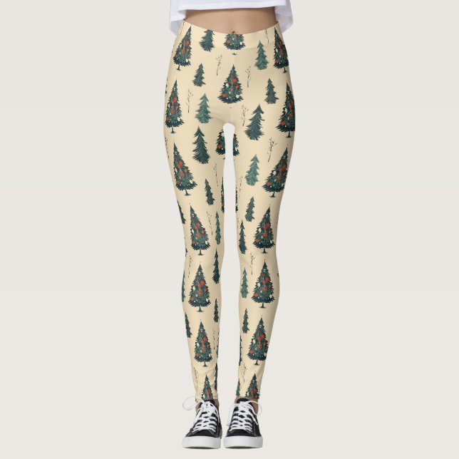 Vintage Christmas Tree, Pine Tree Pattern. Leggings (Front)