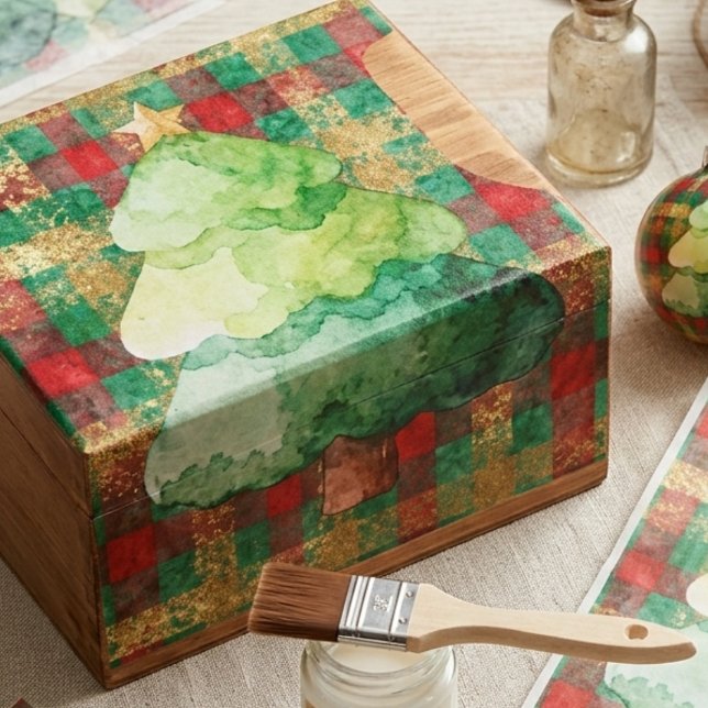 Vintage Christmas Tree Plaid Decoupage Paper TMF26 (Festive Christmas Tree Plaid Decoupage Tissue Paper for Holiday Crafts.)