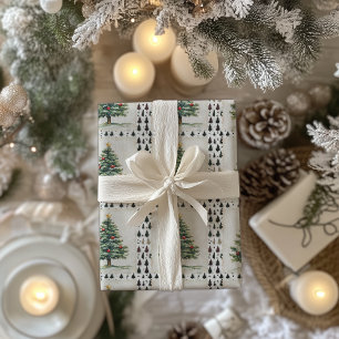 Vintage Christmas Tree Postage Stamp Wrapping Paper
