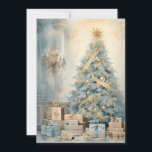 Vintage Christmas Tree Presents Blue Gold Holiday Card<br><div class="desc">Elegant vintage gold,  blue,  and white Christmas tree and presents greeting card. Personalised on the back with your message and name. Contact me for assistance with your customisation or to request additional matching or coordinating Zazzle products.</div>