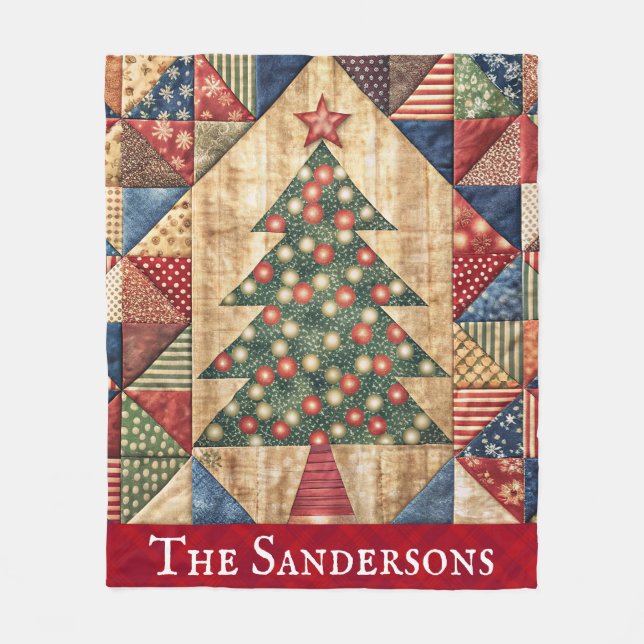Vintage Christmas Tree Quilt Pattern Fleece Blanket (Front)