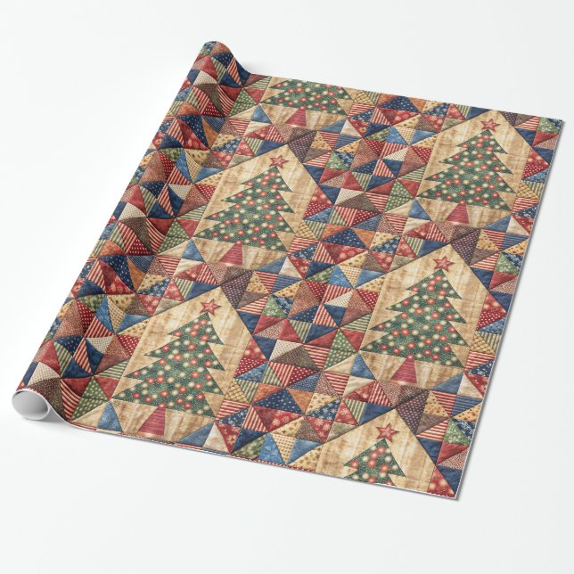 Vintage Christmas Tree Quilt Pattern Wrapping Paper (Unrolled)