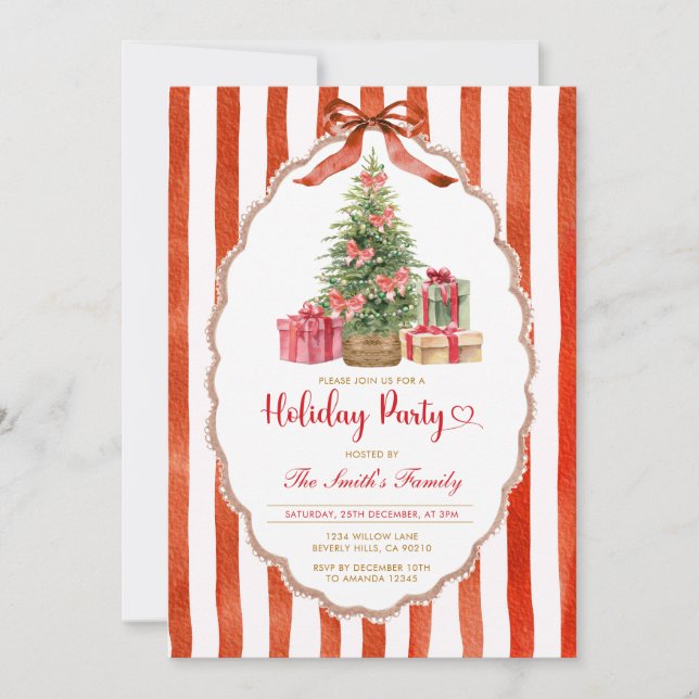 Vintage Christmas Tree Red Bow Holiday Party  Invitation (Front)
