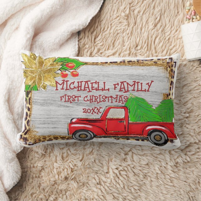 Vintage Christmas Tree Red Truck Pillow, Retro Lumbar Cushion (Blanket)