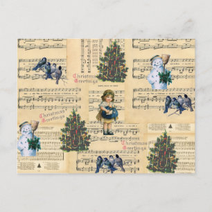 Vintage Christmas Tree Snowman Music Holiday Postcard