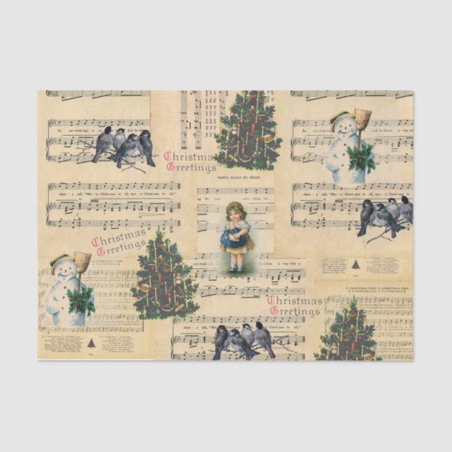 Vintage Christmas Tree Snowman Music Tissue Paper (Front)