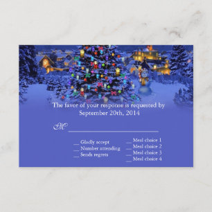 Vintage Christmas tree snowy night wedding RSVP Card