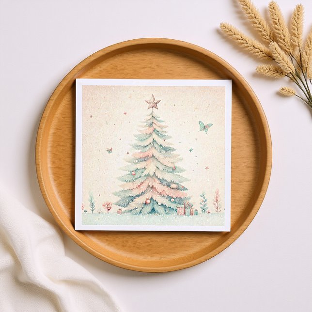 Vintage Christmas Tree soft pink Watercolor  Napkin (Vintage Christmas Tree soft pink Watercolor Napkins)