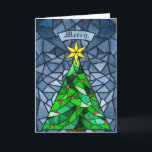 Vintage Christmas Tree Stained Glass Holiday Card<br><div class="desc">These beautiful 5" x 7" folded Christmas greeting cards feature a hand made watercolor stained glass design featuring a Christmas tree with a gold star with red ornaments with a background in shades of blue. The editable greeting is "Merry." The back has the editable message, "Wishing you peace, love and...</div>
