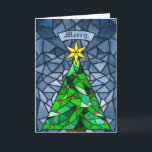 Vintage Christmas Tree Stained Glass Holiday Card<br><div class="desc">These beautiful 5" x 7" folded Christmas greeting cards feature a hand made watercolor stained glass design featuring a Christmas tree with a gold star with red ornaments with a background in shades of blue. The editable greeting is "Merry." The back has the editable message, "Wishing you peace, love and...</div>