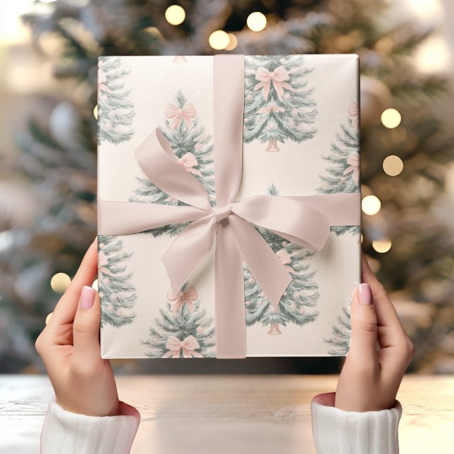 Vintage Christmas Tree with Pink Bow  Wrapping Paper (Creator Uploaded)