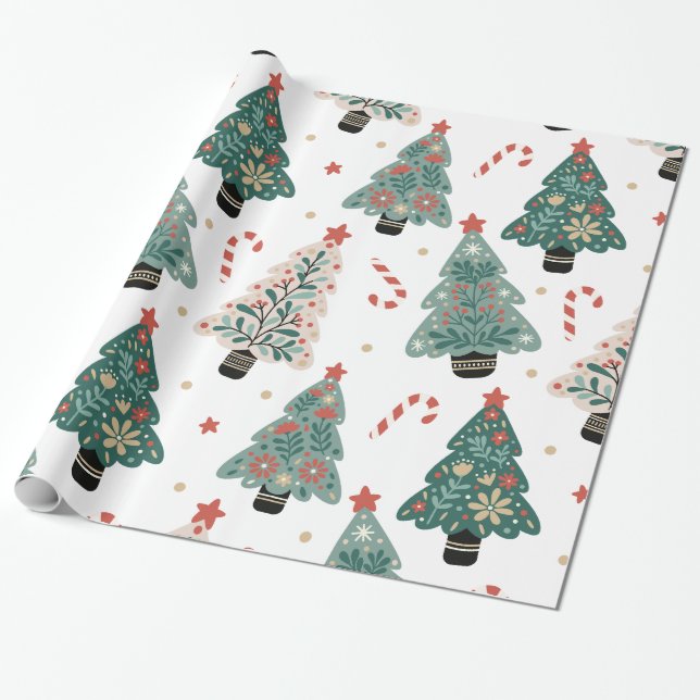 Vintage Christmas Tree Wrapping Paper (Unrolled)
