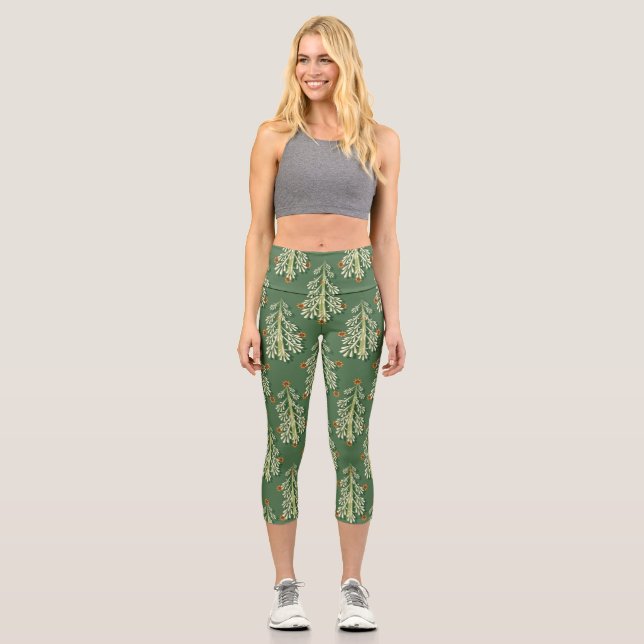 Vintage Christmas Trees Illustration Pattern Capri Leggings (Front)
