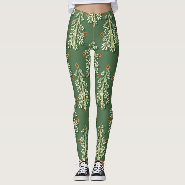 Vintage Christmas Trees Illustration Pattern Leggings (Front)